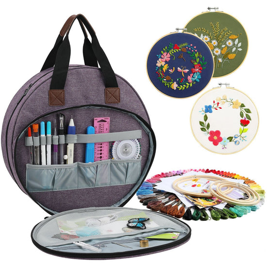 Grey Multi-Pocket Embroidery Storage Bag - Oxford Cloth Handbag Organizer for Cross-Stitch and Thread Storage