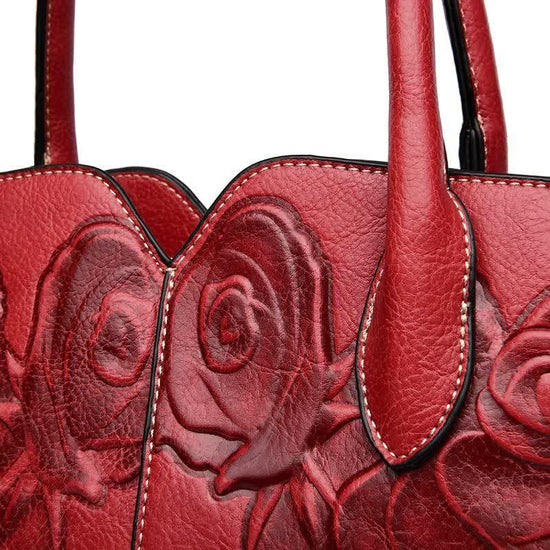 Red Elegant Embossed Rose Leather Handbag - Vintage Style Tote Bag