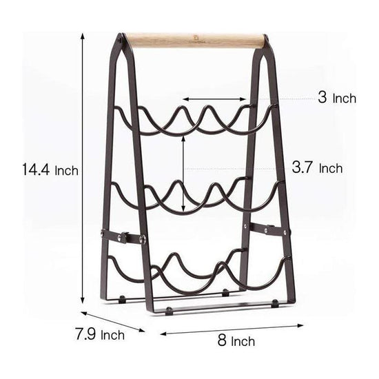 Folding Metal Wine Rack - Space-Saving 6-Bottle Storage Organizer with Wooden Handle