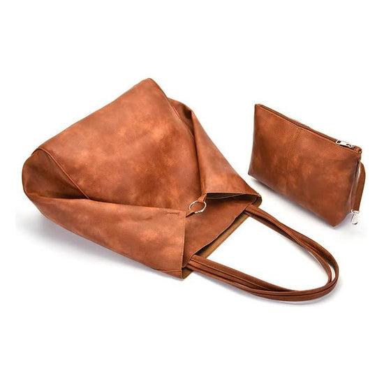 Brown Classic Large PU Leather Bag with Inner Pouch - Elegant and Functional