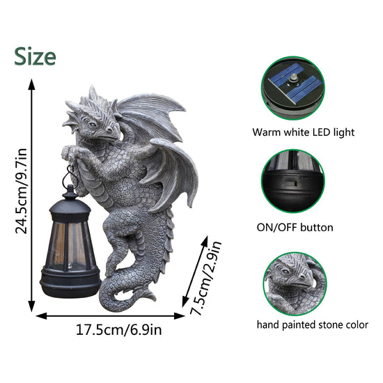 Solar-Powered Dragon Statue with LED Lantern - Gothic Outdoor Wall Hanging Decor