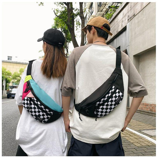 Black Patchwork Black and White Check Trendy Checkered Crossbody Bag - Color-Block Chest Bag for Men and Women, Lightweight Nylon Waist Bag