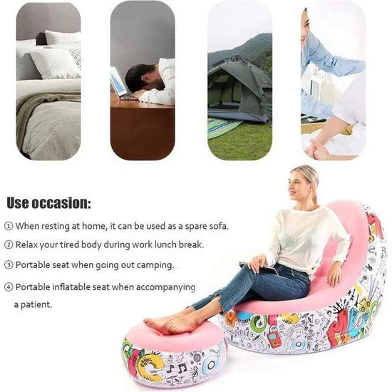 Blue And Black Patchwork Portable Inflatable Sofa Chair with Ottoman - Waterproof Flocked Lazy Sofa for Camping and Home Use