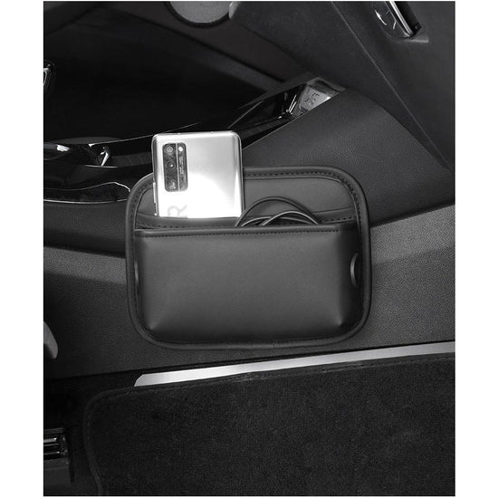 Black PU Leather Car Storage Organizer with Dual Charging Holes and Inner Mesh Pocket, Multi-functional Door Handle Hanging Bag for Phones and Accessories, Lightweight and Durable