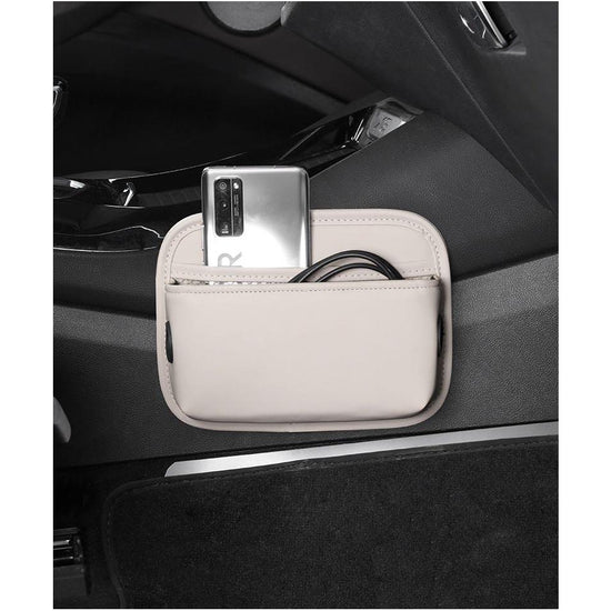 Off White PU Leather Car Storage Organizer with Dual Charging Holes and Inner Mesh Pocket, Multi-functional Door Handle Hanging Bag for Phones and Accessories, Lightweight and Durable
