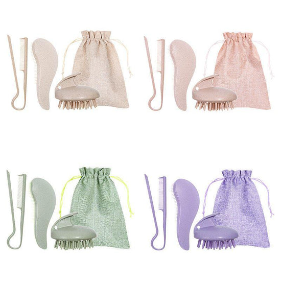 Pink Eco-Friendly Wheat Straw Hair Care Set - Massage Brush, Detangling Comb, and V-shaped Comb for All Hair Types