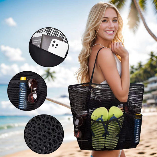 Black Breathable Mesh Beach Bag - Large Capacity Sand-Free Bag with Zipper Pocket & Multi-Purpose Storage