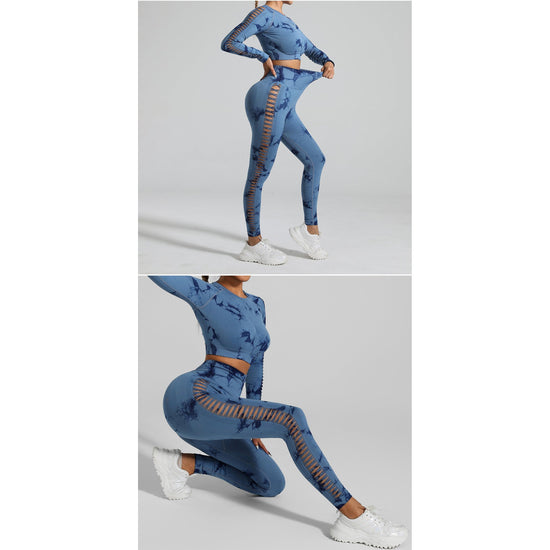 Dark Blue Size S Tie-Dye Yoga Set Long Sleeve Butt Lift Leggings Seamless Workout Training Gym Clothes