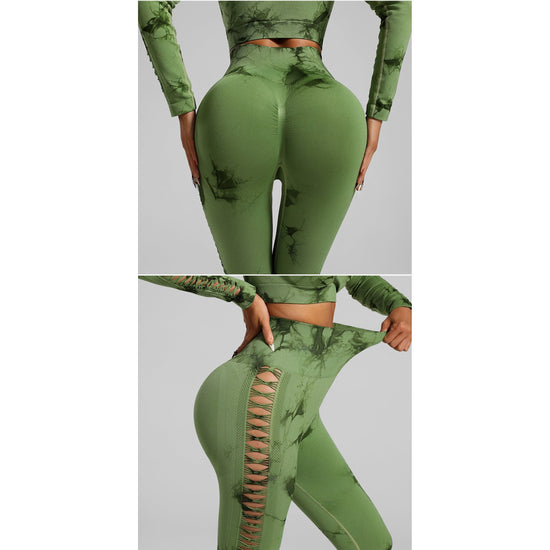 Grass Green Size M Tie-Dye Yoga Set Long Sleeve Butt Lift Leggings Seamless Workout Training Gym Clothes