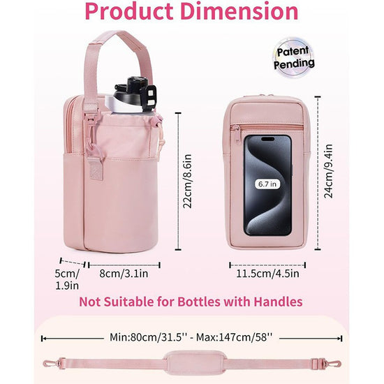 Pink Stylish Water Bottle Carrier Bag with Phone Pocket, Key Clip & Adjustable Strap - Crossbody Sling Holder