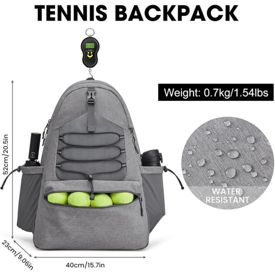 Grey Lightweight Water Resistant Tennis Backpack - Multi-Pocket Sports Bag for Rackets, Balls & Gear