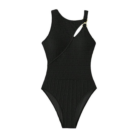 M Black Conservative One-Piece Swimsuit Women Solid Color Slim Fit Bikini Swimwear