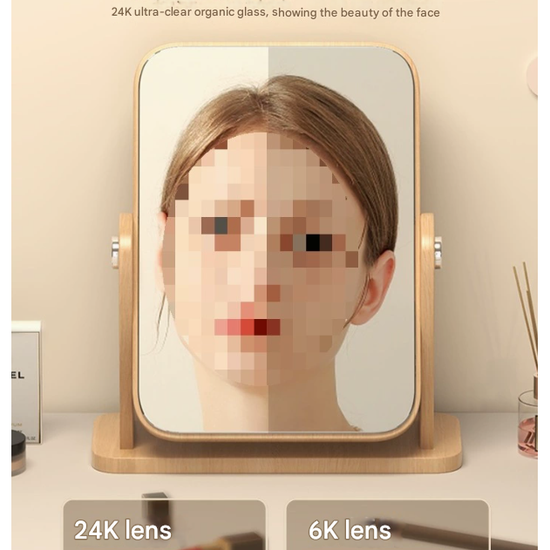 Square Rotating Mirror Tabletop Makeup Mirror - Large Wooden Swivel Vanity Mirror for Desk