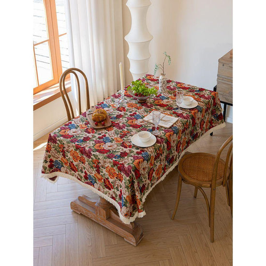 Floral Cotton Linen Tablecloth | Vintage Style Country Garden Design, 90x90cm