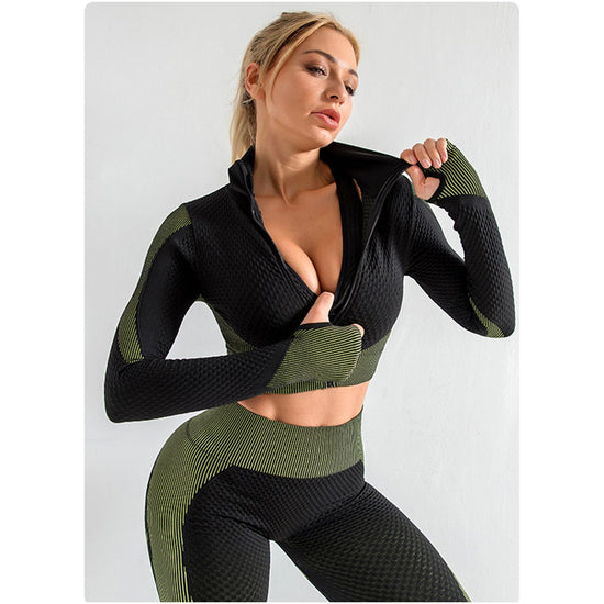 Army Green High Waist Yoga Set for Women-Sports Bra, Long Sleeve Shirt & Leggings 3-Piece Workout Set Size XL