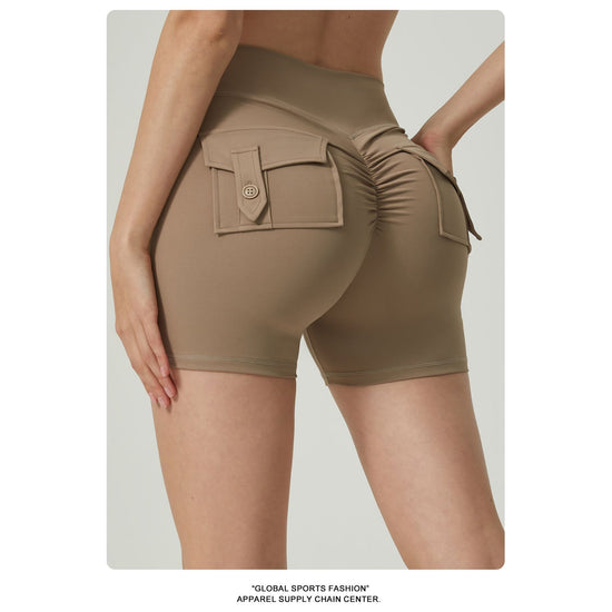 Khaki High-Waisted Yoga Shorts with Pockets for Women - Butt-Lifting, Breathable, and Comfortable Activewear L