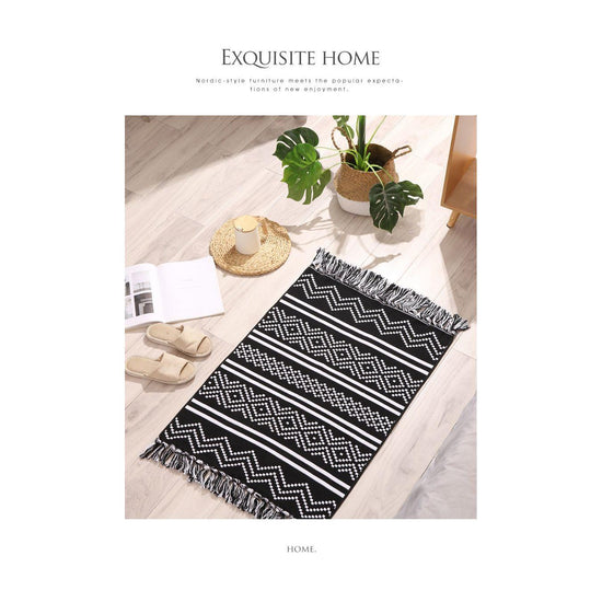 Handwoven Cotton Tassel Floor Rug for Bedroom or Living Room|Soft, Modern Geometric Design,60x90cm