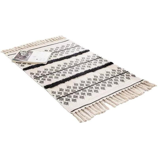 Handwoven Cotton Tassel Floor Rug for Bedroom or Living Room|Soft, Modern Geometric Design,60x90cm