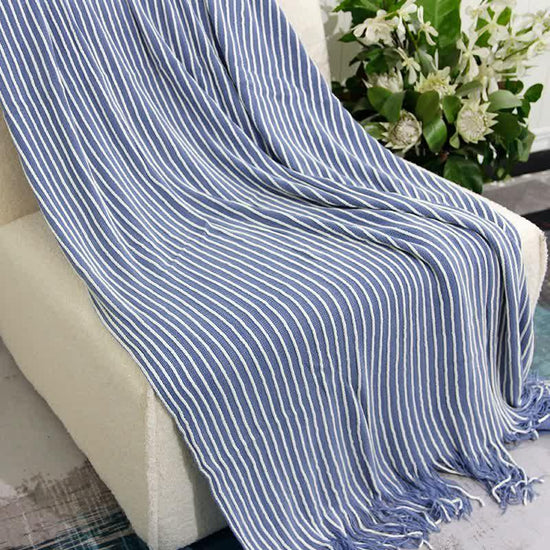 Blue Cozy Knit Throw Blanket with Fringe - Stylish Striped Bed End Cover, 127x220CM