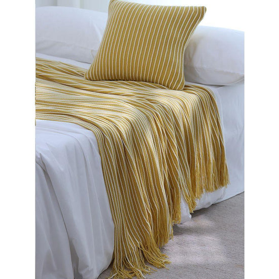 Yellow Cozy Knit Throw Blanket with Fringe - Stylish Striped Bed End Cover, 127x170CM