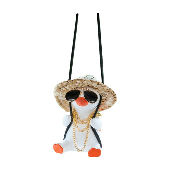 White+Orange 2 pcs Rocking Duck Car Ornament - Cute duck figurine with hat and small school bag, car interior decoration