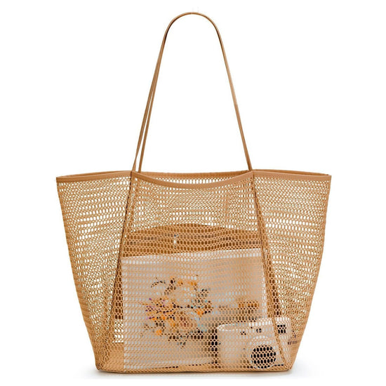 2 pcs Khaki Casual Mesh Bag - Shoulder Bag for Beach & Travel 35x17x37cm