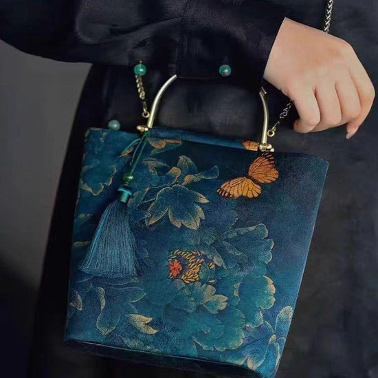 Modern Chinese Style Bucket Bag - Embroidered Handbag with Tassel