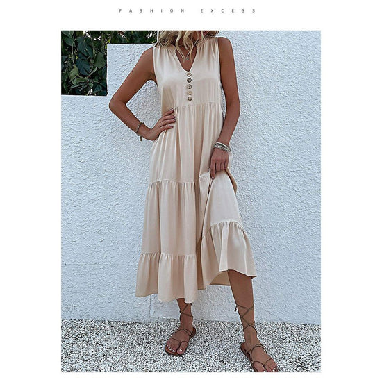 Apricot Flowy Sleeveless Midi Dress - Sleeveless solid sundress with decorative buttons