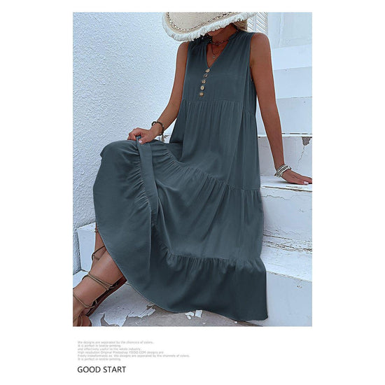 Dark grey Flowy Sleeveless Midi Dress - Sleeveless solid sundress with decorative buttons Size M