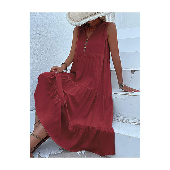 Wine red Flowy Sleeveless Midi Dress - Sleeveless solid sundress with decorative buttons Size M