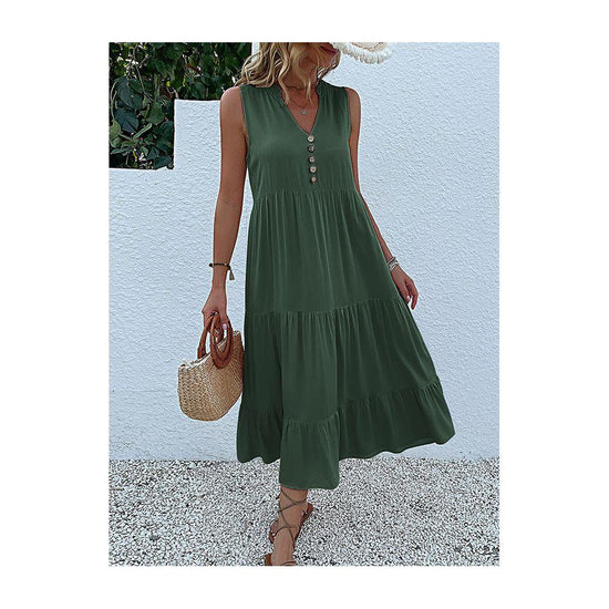 Green Flowy Sleeveless Midi Dress - Sleeveless solid sundress with decorative buttons Size L