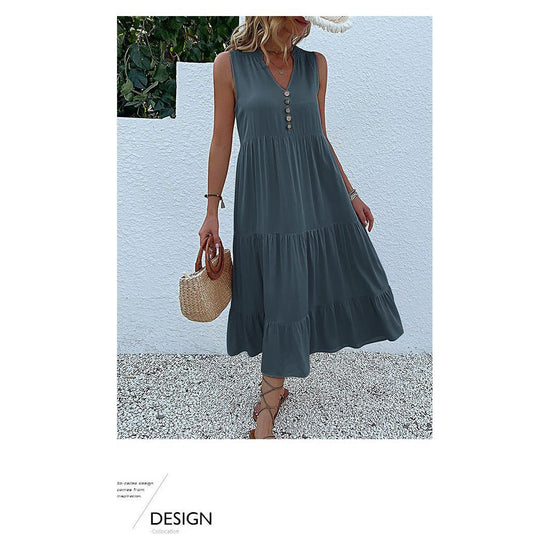 Light blue Flowy Sleeveless Midi Dress - Sleeveless solid sundress with decorative buttons Size L