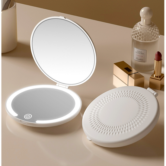 White Portable LED Makeup Mirror with Tricolor Lights - Rechargeable Folding Travel Mirror
