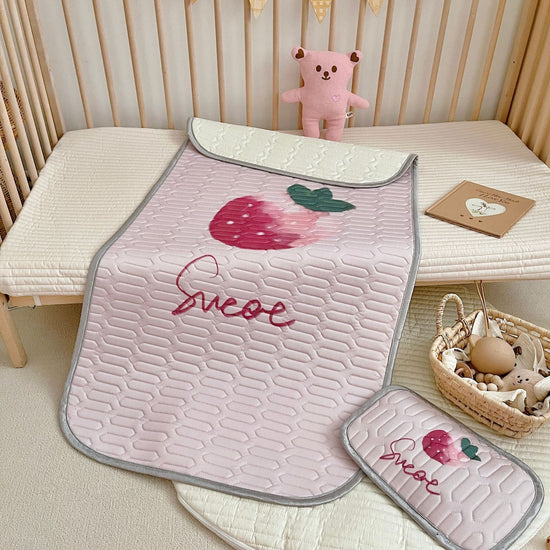 Strawberry Pattern 2 Piece Set Kids Cooling Pad Set - 60x120cm Cartoon Latex Mattress Protector, Pillow