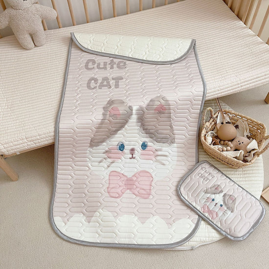 Cute Cat Pattern 2 Piece Set Kids Cooling Pad Set - 60x120cm Cartoon Latex Mattress Protector, Pillow