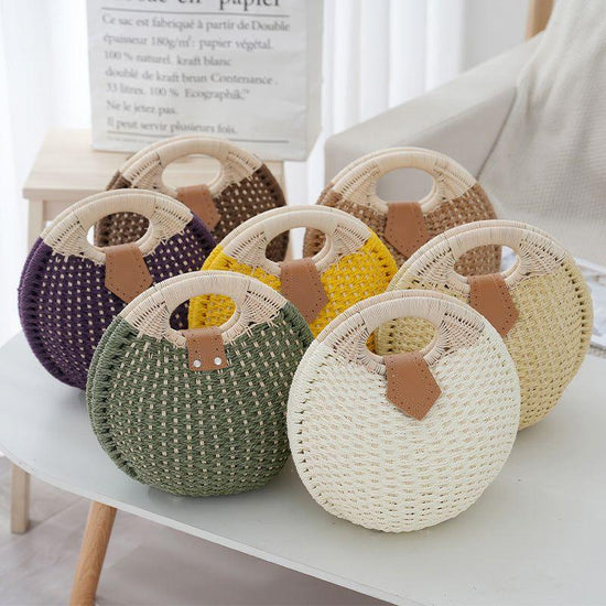 Green Boho Circle Straw Bag - Stylish Woven with Round Handles