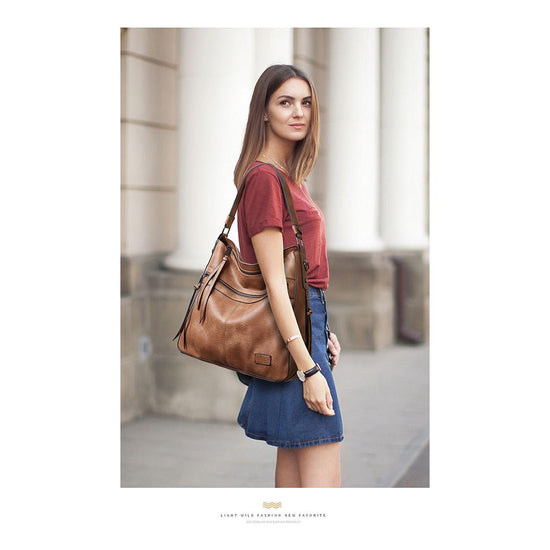 Khaki Spacious & Stylish PU Leather Bag - Versatile Shoulder/Crossbody