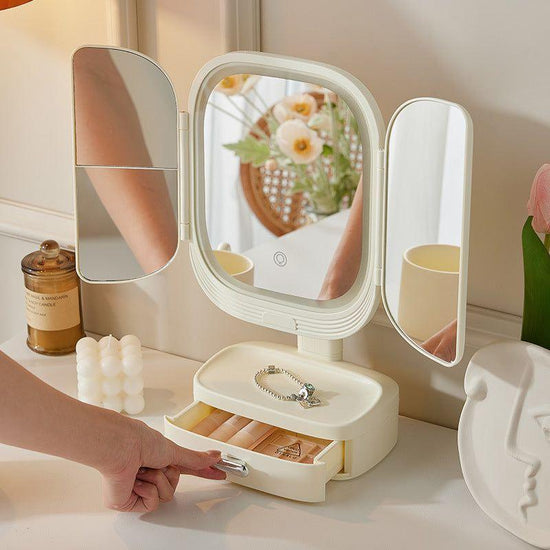 Milky White LED Lighted Tri-Fold Makeup Mirror with Storage Drawer & Magnification(USB Charging Port)