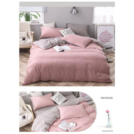 Gray And Pink Stitching Ultra-Soft Solid Color 4-Piece Bedding Set - Queen Size(Suitable for 2m bed)