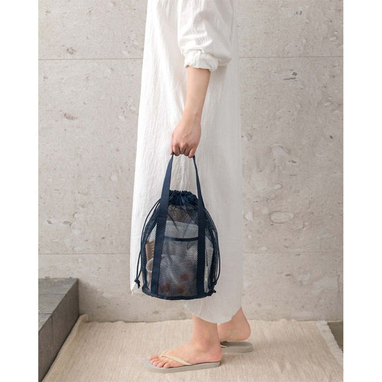 Navy Blue Lightweight Mesh Drawstring Beach Bag - Portable Travel Organizer for Toiletries and Essentials