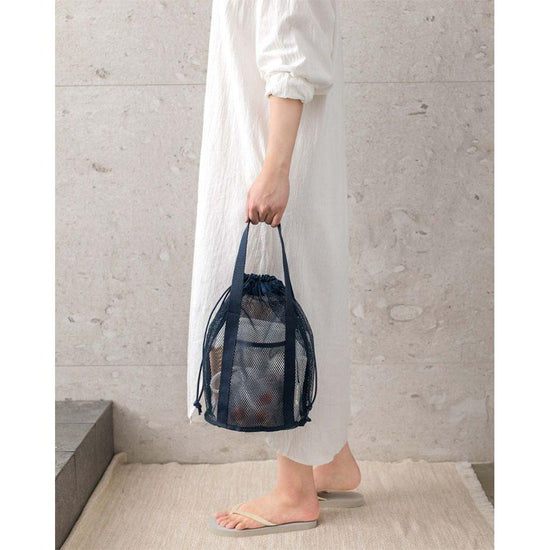 Purple Lightweight Mesh Drawstring Beach Bag - Portable Travel Organizer for Toiletries and Essentials