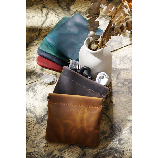 Brown Genuine Leather Coin Purse - Vintage Style Snap Closure Mini Pouch