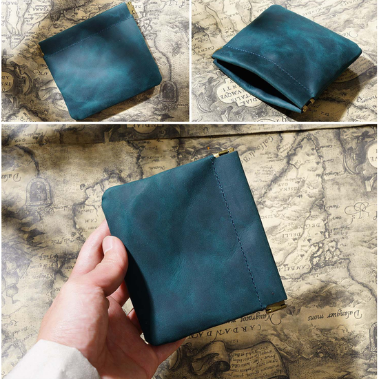 Blue Genuine Leather Coin Purse - Vintage Style Snap Closure Mini Pouch