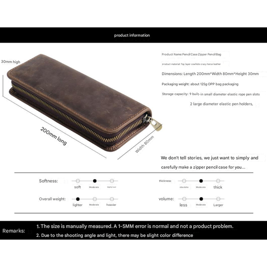 Coffee Genuine Leather Pencil Case - Vintage Zip-Up Pen Holder with Elastic Loops