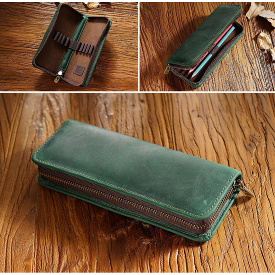 Dark Green Genuine Leather Pencil Case - Vintage Zip-Up Pen Holder with Elastic Loops