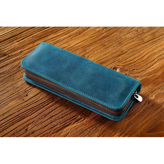 Blue Genuine Leather Pencil Case - Vintage Zip-Up Pen Holder with Elastic Loops