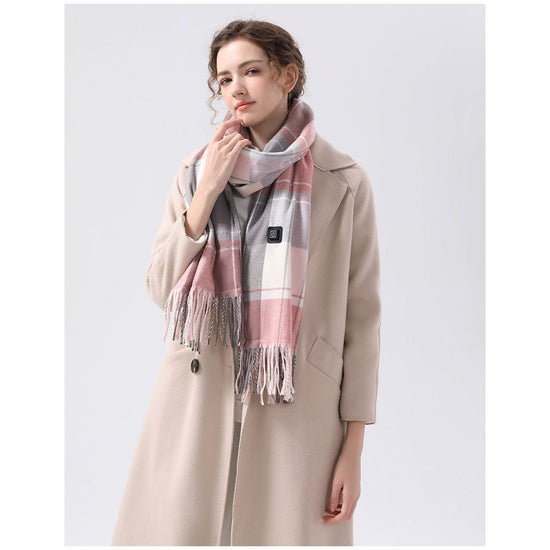 Gray And Pink Plaid Heated Scarf - Electric Warming Scarf, Winter Outdoor Essential (Without power bank)