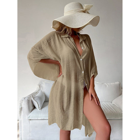 Khaki Summer Beach Cover-Up- Bamboo Cotton Sun Protection Cardigan