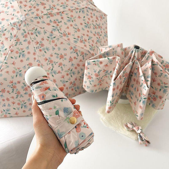 Little Red Flower Mini 5-Fold Umbrella - Portable, Anti-UV, Black Glue Coating