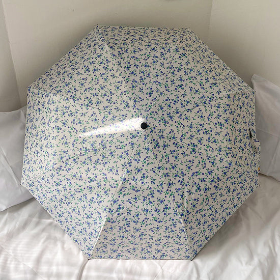 Blue Floral Mini 5-Fold Umbrella - Portable, Anti-UV, Black Glue Coating